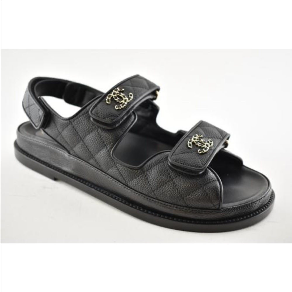 Chanel 21C Black Caviar Gold CC Logo Mule Slide Strap Flat Teva Dad Sandal 37